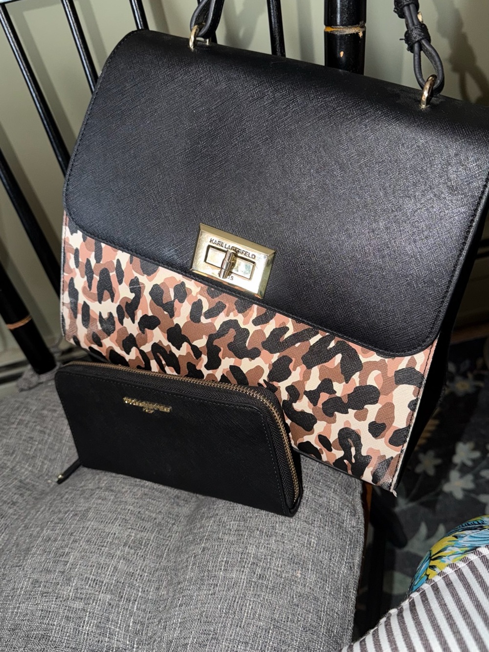 Karl Lagerfeld Black & Leopard Leather Satchel & Black Leather Zip Wallet